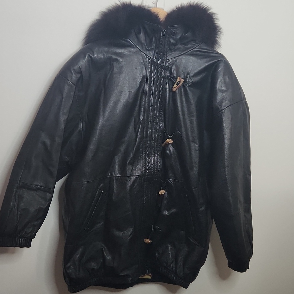 Jacqueline Ferrar Black Leather Coat with Fur Trim